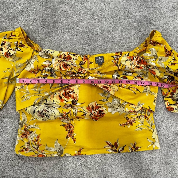Soho New York & Co Women’s Sz L Yellow Floral Puff Sleeve Off the Shoulder Top - Picture 4 of 9